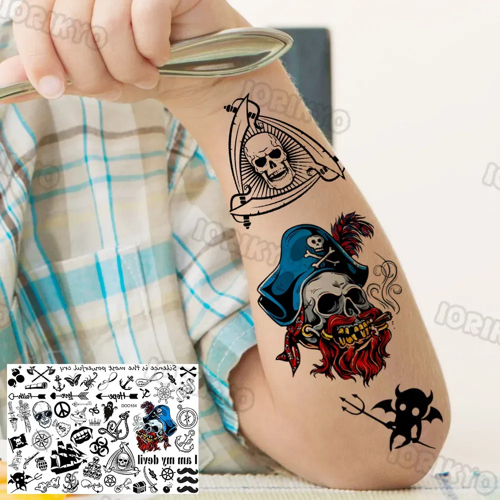 Color: BROWN RED - Skull Temporary Tattoos For Kids Men Women Adult Face Neck Pirate Captain Tattoo Sticker Monster Fake Skeleton King Tatoos