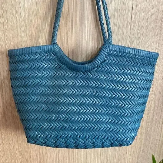 Hand Knitted Designer Genuine Leather Elegant ?‹Handle Female Totes Vintage Women's Handbag Cowskin Lady Large Shoulder Bag
