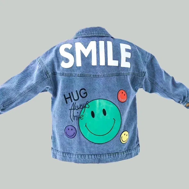 Color: Beige, Kid Size: 7 - 2022 Autumn Spring Fall Boys Casual Cartoon Denim Kids Jackets Turn-down Collar Long Sleeve Coat Girls Loose Tops for Teens