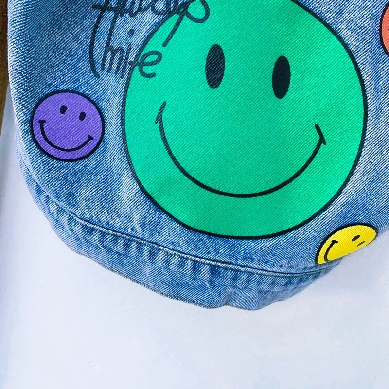 Color: Beige, Kid Size: 7 - 2022 Autumn Spring Fall Boys Casual Cartoon Denim Kids Jackets Turn-down Collar Long Sleeve Coat Girls Loose Tops for Teens