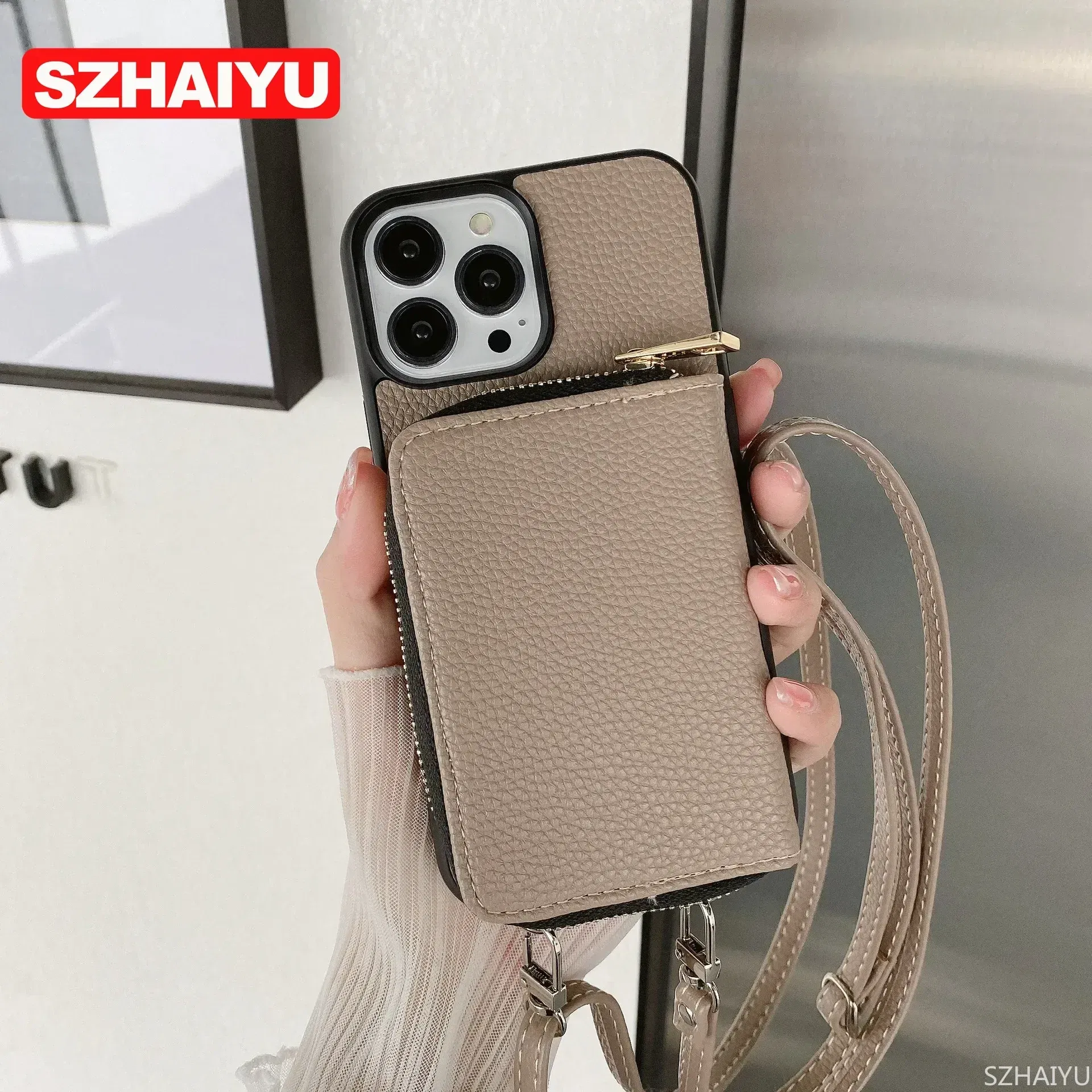 Material: aluminum, Color: GRAY - Zipper Wallet Phone Case For iPhone 16 15 14 13 12 Mini 11 Pro XS Max X Plus Card Slot Holder Crossbody Lanyard Leather Cover