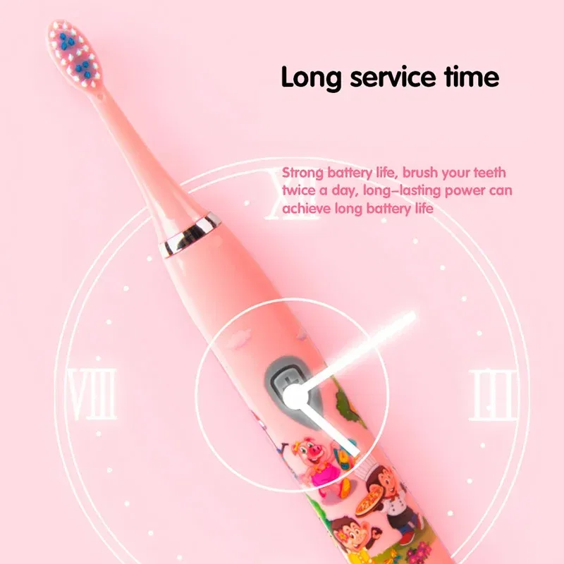Color: Beige - Sonic Children Electric Toothbrush Colorful Cartoon Cute Pattern Ultrasonic Rechargeable Soft Hair Smart Brush Oral Cleaning