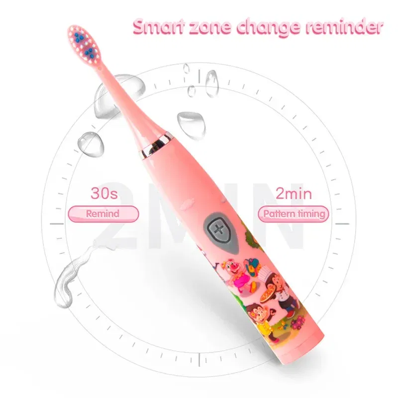 Color: Beige - Sonic Children Electric Toothbrush Colorful Cartoon Cute Pattern Ultrasonic Rechargeable Soft Hair Smart Brush Oral Cleaning