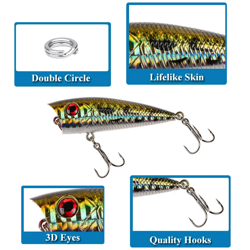 Color: Black - 1pc Popper Fishing Lure 6cm/6.5g Hard Bait Artificial Topwater Bass Trout Pike Wobbler Fishing Tackle with 2 Treble Hooks