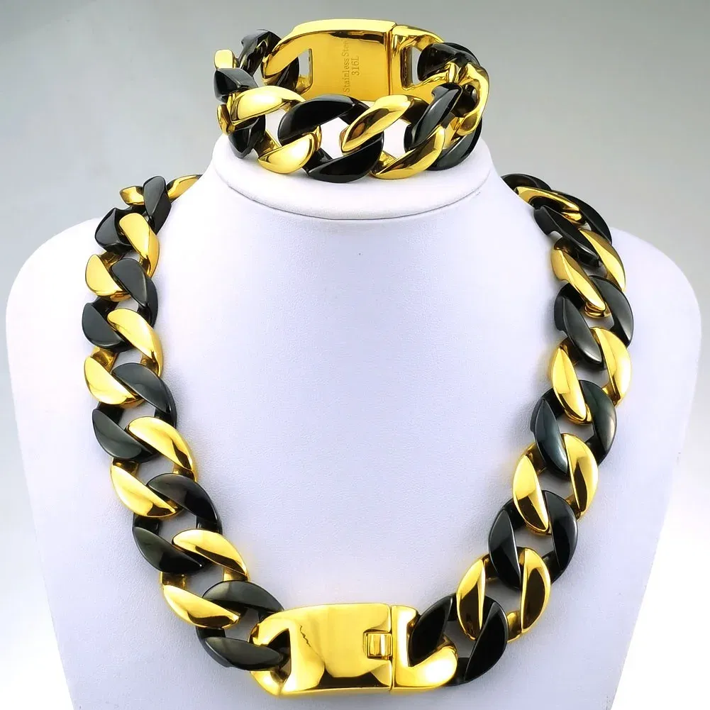 Length: 35cm, Main Stone Color: Black - 316L Stainless Steel  and Black Tone Curb 24mm Solid Heavy Long Necklace + Bracelet Jewelry