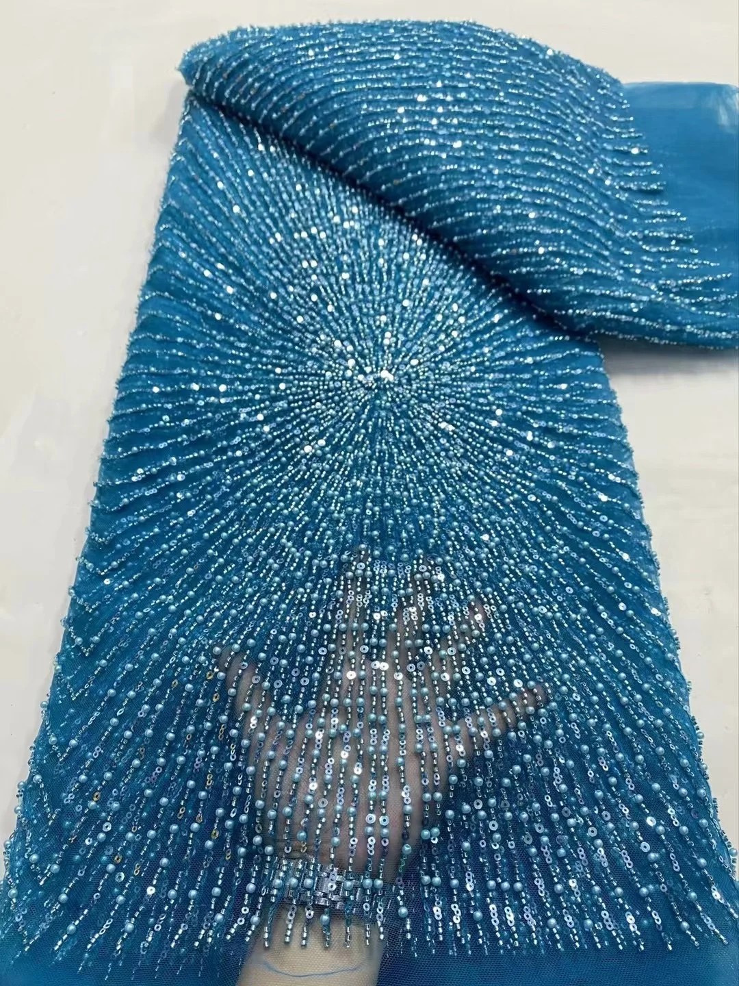 Color: Blue, Width: 120cm, Length: 5 yards - Wholesale Beaded Lace Fabric, French Mesh With Sequence, African Lace Fabric 2025 High Quality, Bridal Lace Fabric, Beaded Net