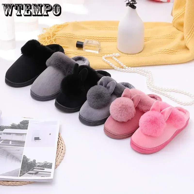 Color: Beige, Shoe Size: 4 - WTEMPO Fluffy House Shoes Women Winter Warm Slippers Cute Rabbit Ears Female Furry Plush Slippers Home Indoor Ladies Soft Shoes