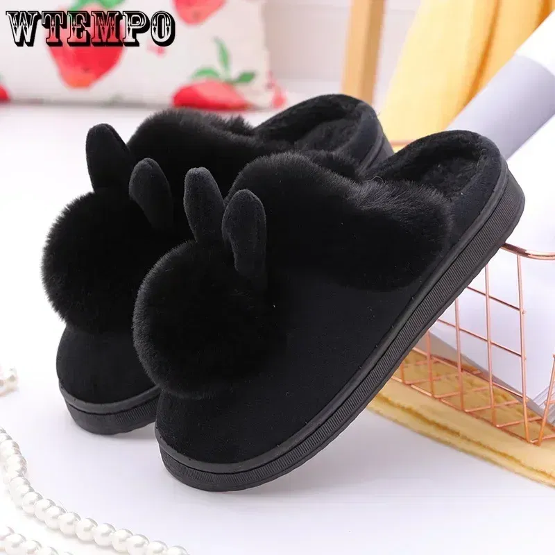 Color: Beige, Shoe Size: 4 - WTEMPO Fluffy House Shoes Women Winter Warm Slippers Cute Rabbit Ears Female Furry Plush Slippers Home Indoor Ladies Soft Shoes