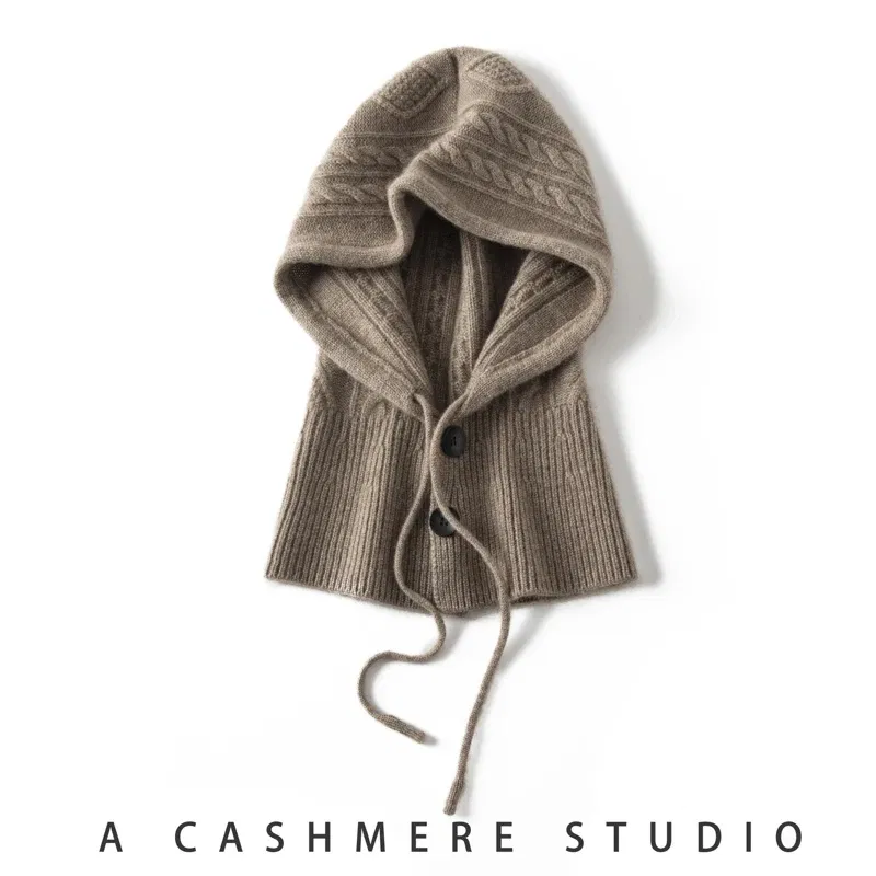 Color: Beige, Size: One Size - 100%Quality Cashmere Balaclava Cap Women Warm Ring Scarf Beanie Hat Adjustable Elastic Windproof Hooded Neck Collar Knitted Hat
