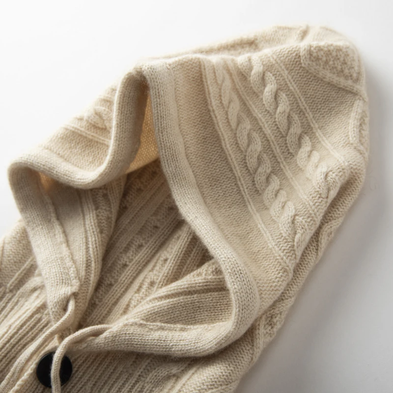 Color: Beige, Size: One Size - 100%Quality Cashmere Balaclava Cap Women Warm Ring Scarf Beanie Hat Adjustable Elastic Windproof Hooded Neck Collar Knitted Hat