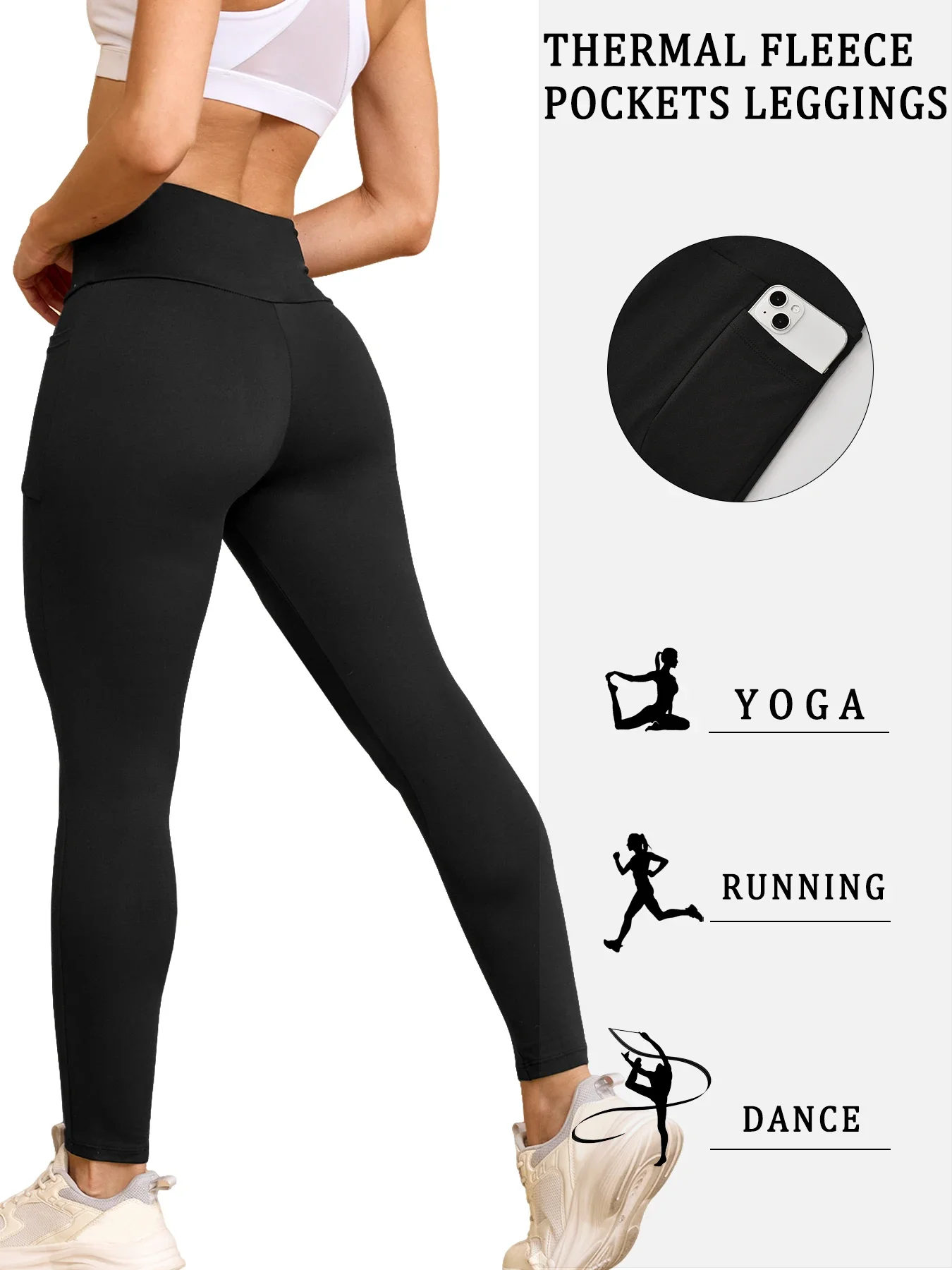 Color: black, Size: XL - Womens Thermal Fleece Lined High Waisted with pockets Leggings, Workout Winter Warm Thick Tights Soft Yoga Running Pants