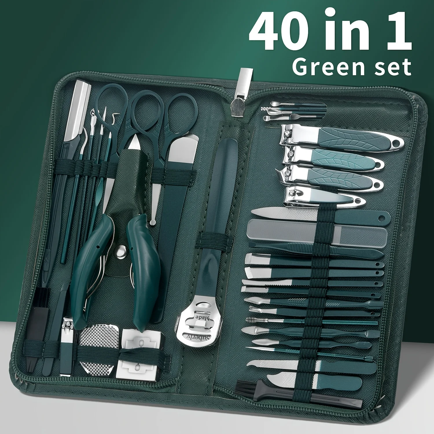 Color: army green - 9/40 pcs Full Function Manicure Set, Stainless SteelNail Clippers Pedicure Kit, Toenail Clippers Kit