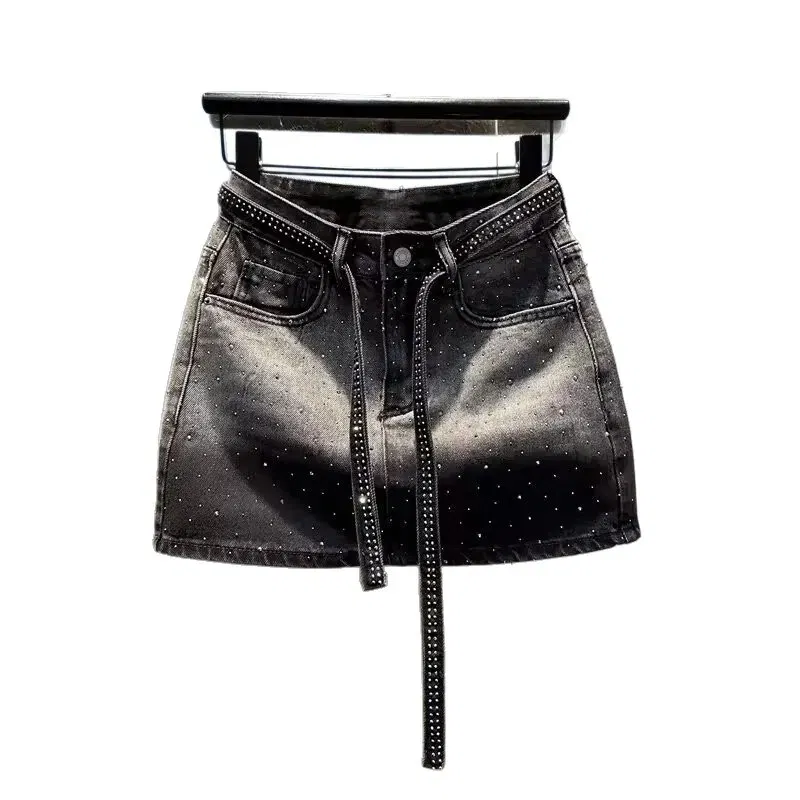 Color: Beige, Size: L - Oversize Retro Diamond Denim Mini Skirt for Women Summer High Waist Shiny Rivet Slim Skirts Gradient Black Grey Jean Skirts