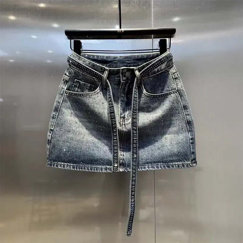 Color: Beige, Size: L - Oversize Retro Diamond Denim Mini Skirt for Women Summer High Waist Shiny Rivet Slim Skirts Gradient Black Grey Jean Skirts