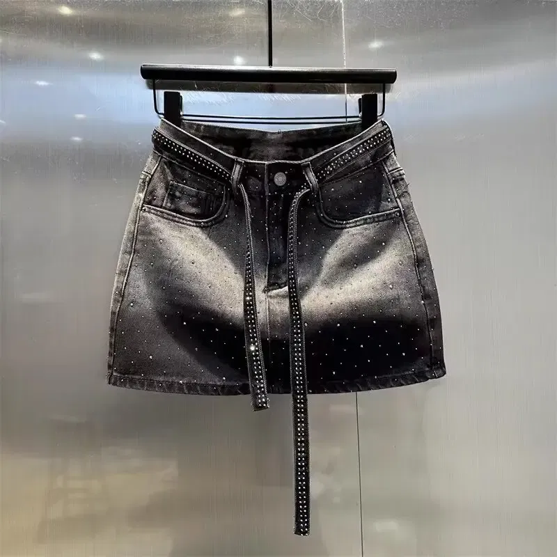 Color: Beige, Size: L - Oversize Retro Diamond Denim Mini Skirt for Women Summer High Waist Shiny Rivet Slim Skirts Gradient Black Grey Jean Skirts