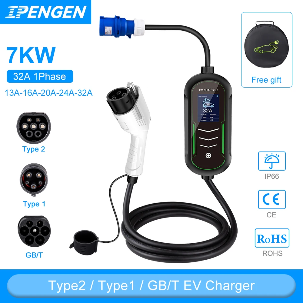 IPENGEN Portable EV Charger 220V 7KW J1772 Type1 IEC62196 Type2 GBT Charger 32A Adjustable Current Charger for Electric Car