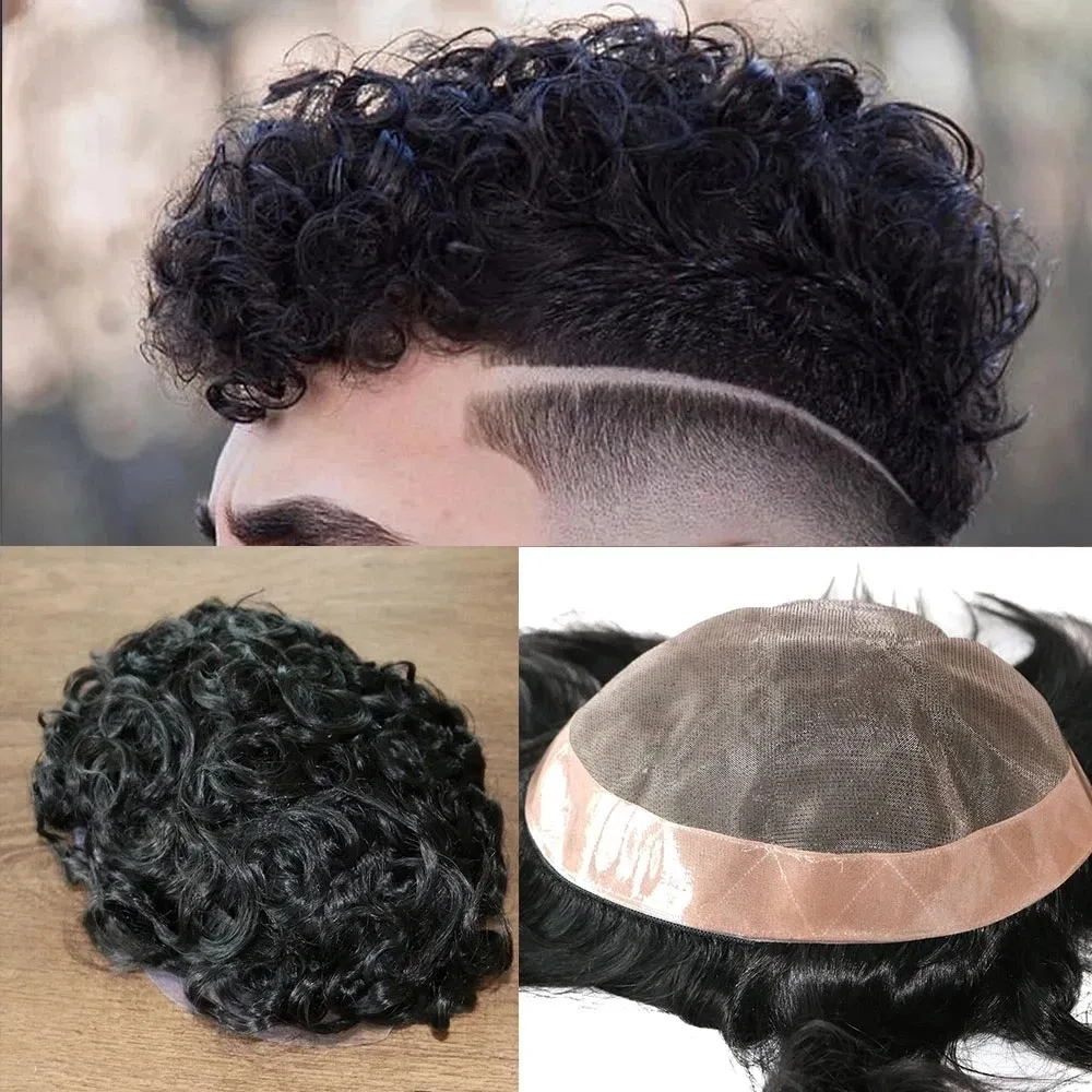 20MM Curly Brown Black Super Durable Mono Lace&Pu Mens Toupee Wig Human Hair 15mm Capillary Prosthesi Weave Replacement For Male