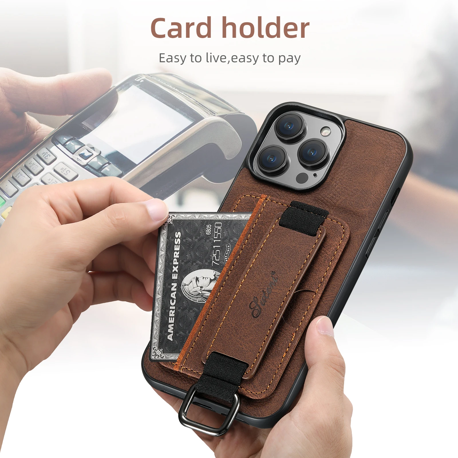Color: pink, Material: EVA - SUTENI Lychee skin print wrist strap card phone case Card holder for iPhone 16 ProMax 15 Plus 14 13 12 11 XR XS Black/blue/brown