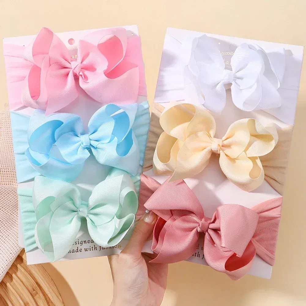 Color: Beige - 1pcs Baby Wide Ribbon Nylon Turban Girls Big Bows Hair Accessories Child Headband Elastic Hair Bands Ribbon Bows Infant Headwear