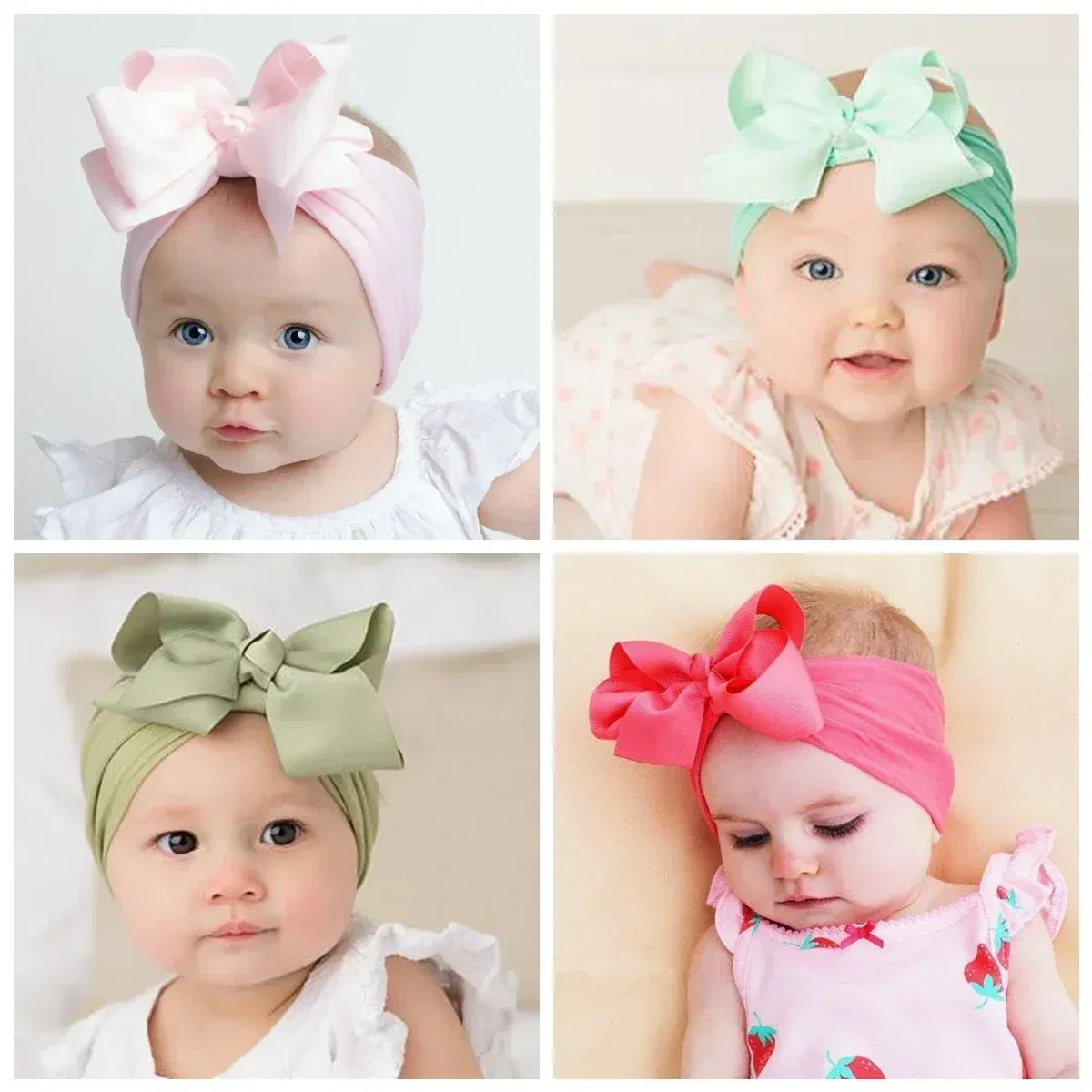 Color: Beige - 1pcs Baby Wide Ribbon Nylon Turban Girls Big Bows Hair Accessories Child Headband Elastic Hair Bands Ribbon Bows Infant Headwear
