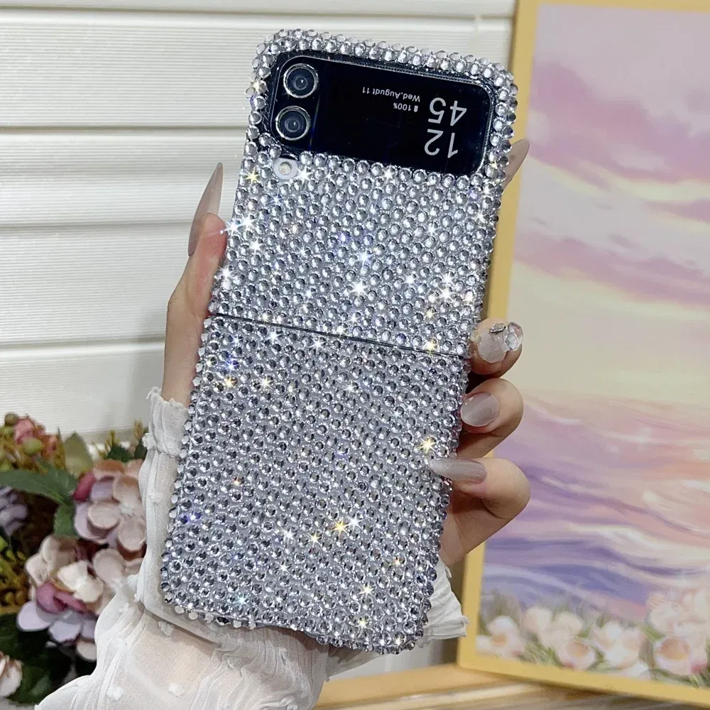 Color: Beige, Material: Leather - Full Shiny Diamonds Cover Funda For Samsung Galaxy Z Flip 7 Wrist Strap Case For Samsung z flip 6 zflip5 zflip4 3 Luxury Case