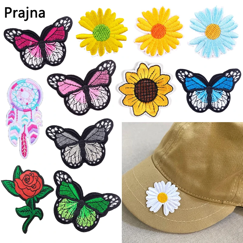 Color: grey - Butterfly Daisy Embroidery Patches for Clothing Thermoadhesive Patches DIY Fusible Patch on Kids Clothes Sunflower Badges Sewing