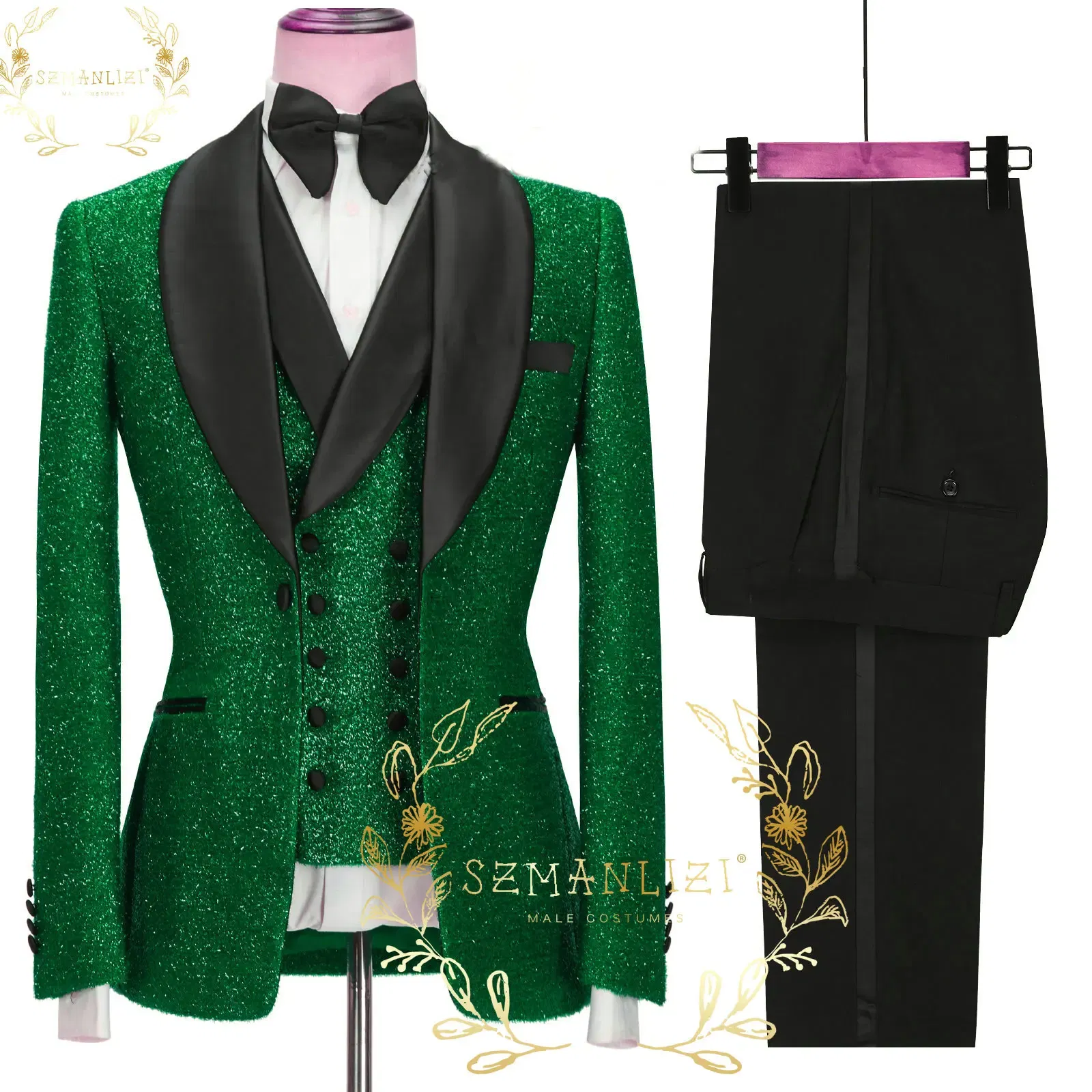 Color: Gold, Size: L - SZMANLIZI 2022 Latest Designs Black Floral Party Blazer Men Suits Costume Homme Groom Tuxedos Wedding Terno Masculino 3 Pieces