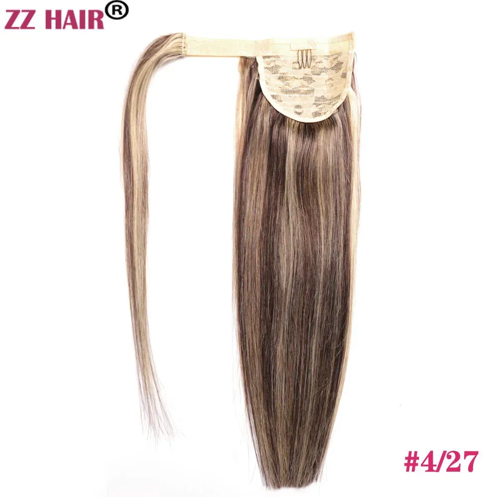 Color: P4/27, Life Span: 6 Months With Proper Care, Stretched Length: 16inches, Longest Hair Proportion: 35%-45% - ZZHAIR 100% Human Hair Extensions 16"-28" Machine Made Remy Magic Wrap Around Ponytail 60g-120g Clip In Horsetail Stragiht