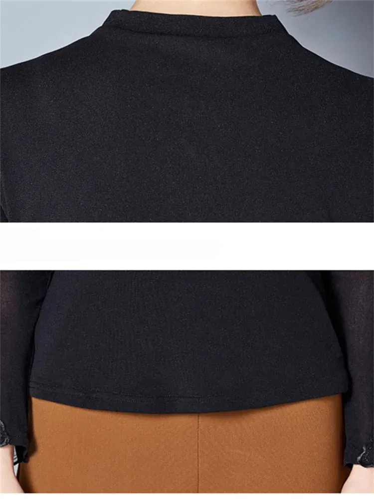 Color: Khaki, Size: 4XL - Hollow Out Women Spring Autumn Style Lace Blouses Shirts Casual Long Sleeve Patchwork Spliced Turtleneck Blusas Tops DF1491