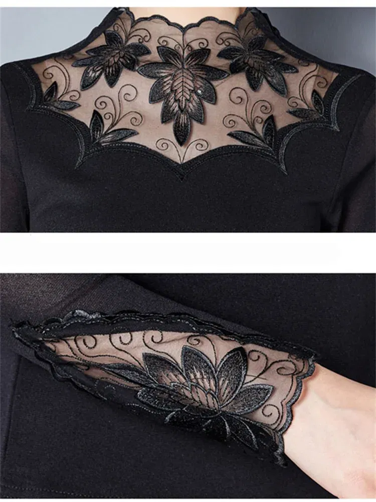 Color: Khaki, Size: 4XL - Hollow Out Women Spring Autumn Style Lace Blouses Shirts Casual Long Sleeve Patchwork Spliced Turtleneck Blusas Tops DF1491