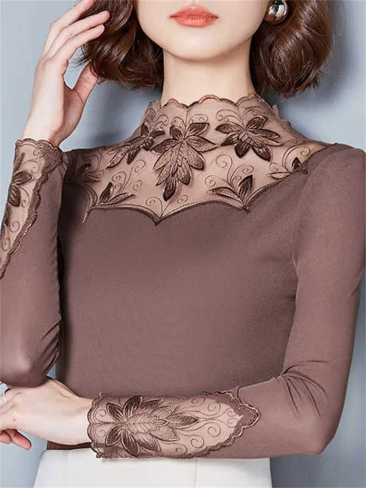 Color: Khaki, Size: 4XL - Hollow Out Women Spring Autumn Style Lace Blouses Shirts Casual Long Sleeve Patchwork Spliced Turtleneck Blusas Tops DF1491