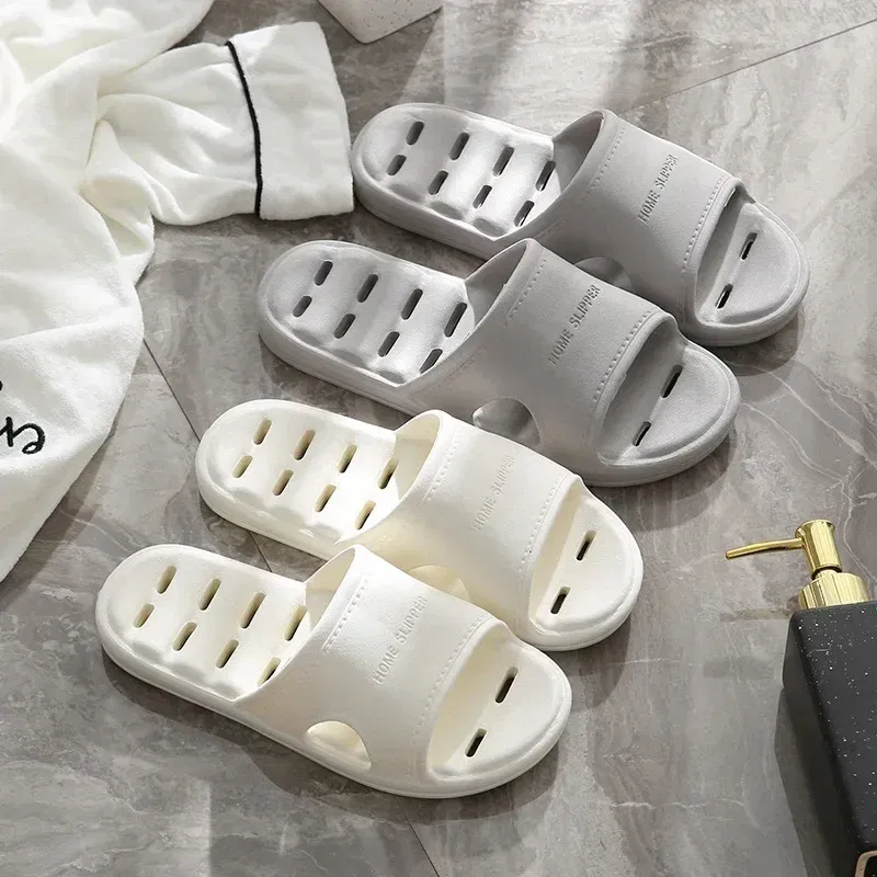 Color: WHITE, Shoe Size: 4 - Men Bathroom Slippers Women Home Slipper Non-slip Water Leaky Slippers Couples Beach Flip Flop Comfortable Soft Sole Slides