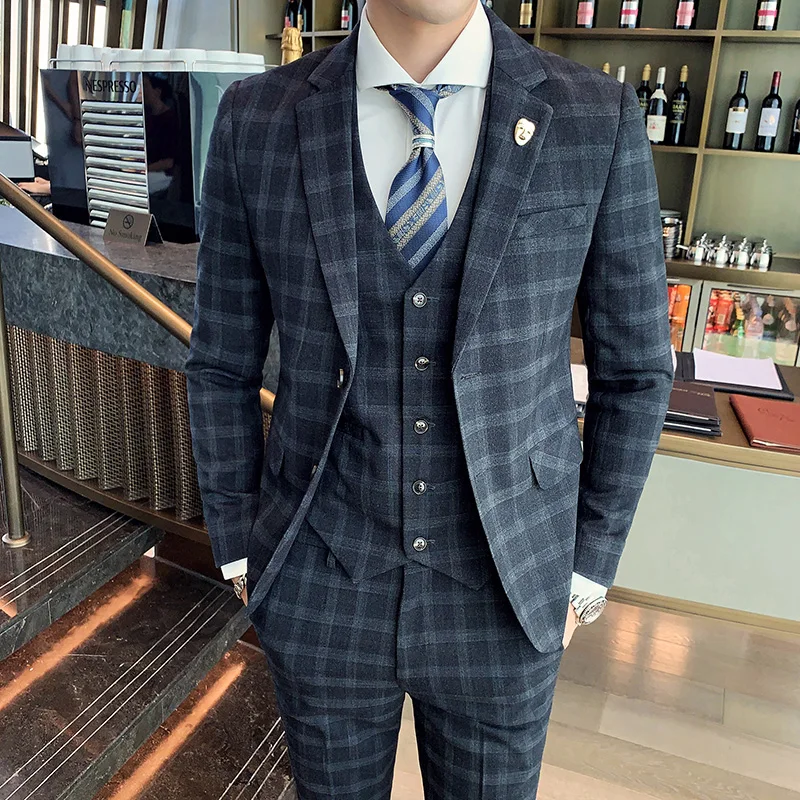 Color: Blue, Size: L - Gray Men Classic Striped/Checked Suits, Business Office 3 Piece, Asian Size Slim Fit Men Dress Jacket & Pants with Vest, S-4XL