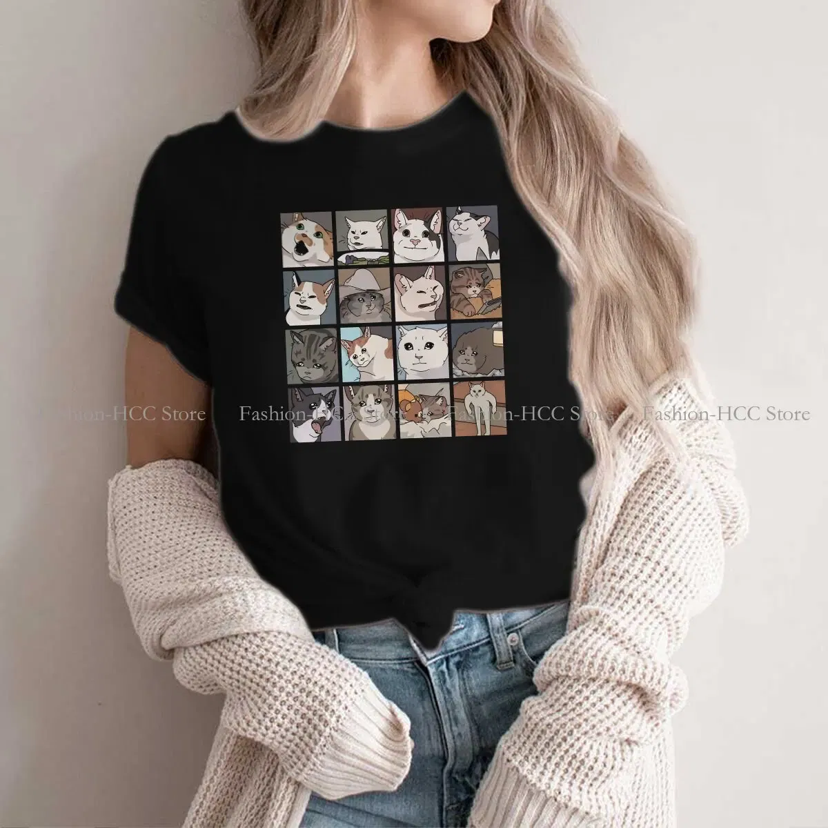 Color: black, Size: XXXL - Meme O Neck TShirt Cat Classic T Shirt Woman's Tops New Design