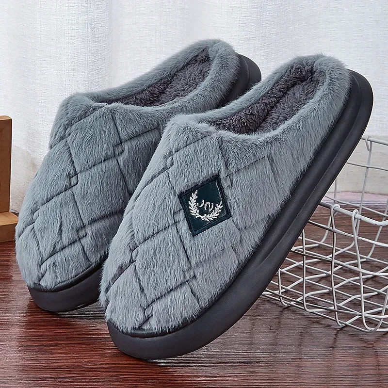Color: Blue, Shoe Size: 42-43 - Men's House Slippers Furry Plaid cozy EVA Memory Foam Lightweight Casual Shoes Winter Warm Plush Non-slip Slippers big size