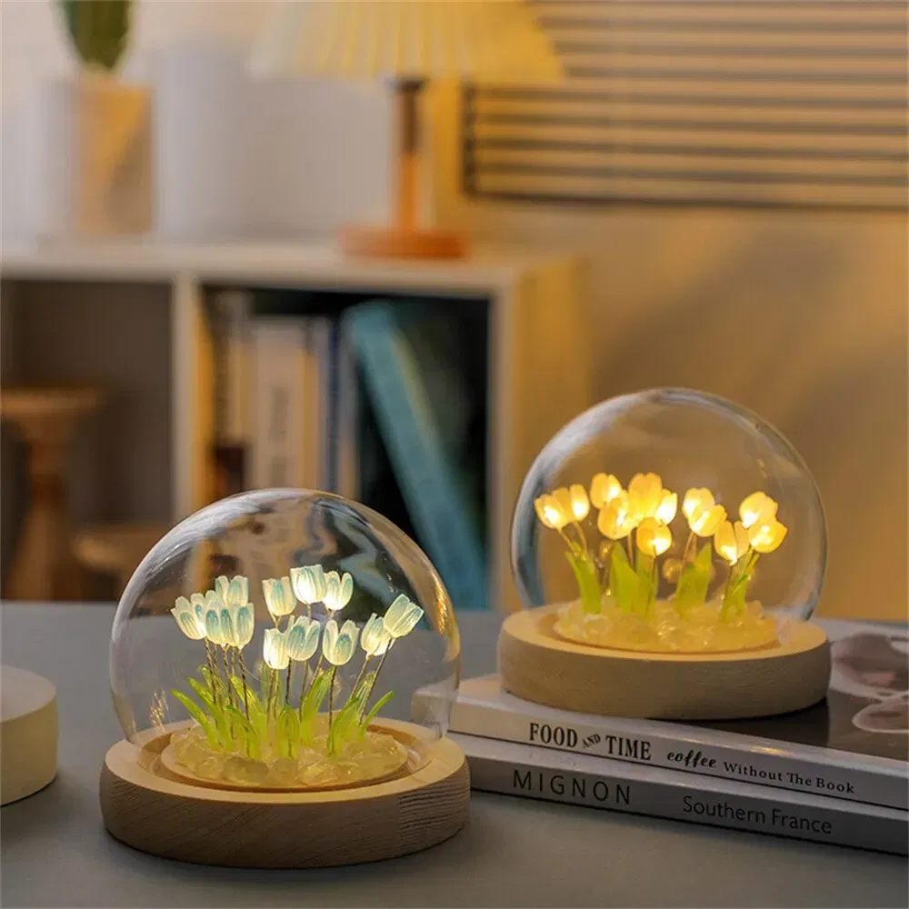 Color: Blue - Artificial Tulip Flower Night Light Handmade DIY Bedside Lamp LED Night Lamp Bedroom Decor Christmas Birthday Gifts Table Lamp