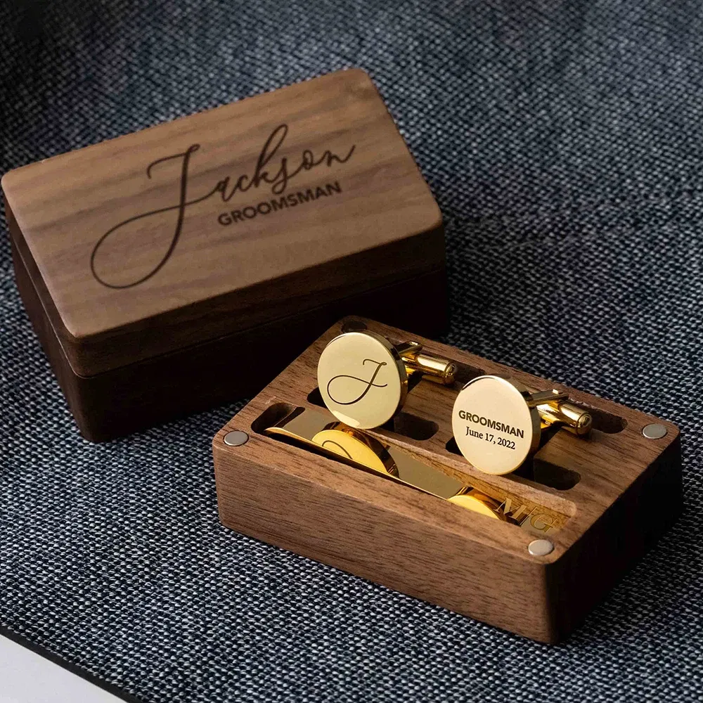Color: Deep Sapphire, Size: M - Custom Metal Cufflinks Tie Clip & Rectangle Gift Box Engraved Gift for Dad and Groomsmen Personalized Best Man Cufflinks Set