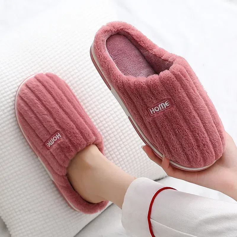 Color: Beige, Shoe Size: 40-41 - New Men Big Size 48 49 Winter Warm Slippers Women Soft Plush Furry Shoes Casual Flats Home Couples Bedroom Anti-Slip Slides