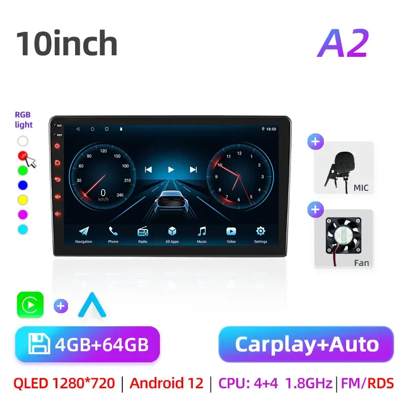 Car radio with GPS Multimedia player with Android 12 7/9/10''2 Din Universal Stereo Carplay AUTO for Volkswagen, Nissan, Hyundai
