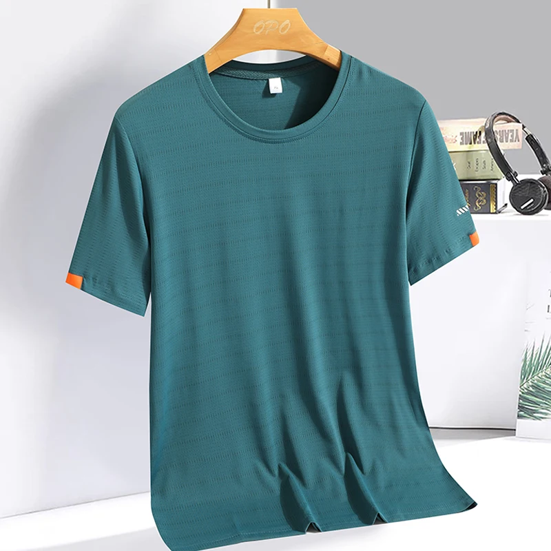 Color: Brown, Size: XXXL - Men's Silk Ice Round Collar T-shirt, Simple Running Fitness Suit, Breathable Thin T-shirt, Quick Dry T-shirt, Summer