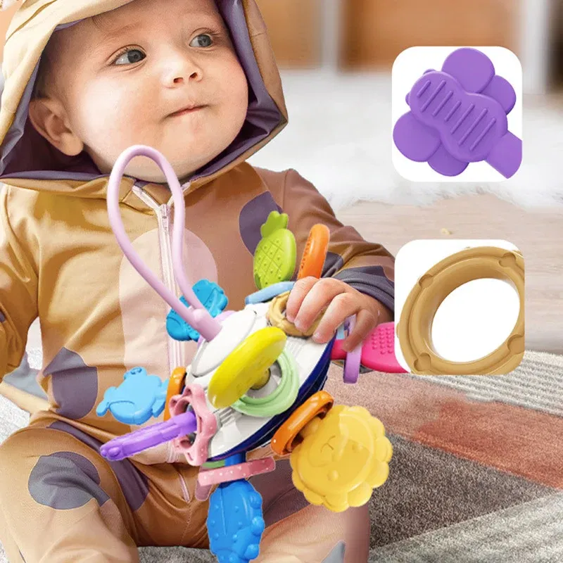 Color: DARK GRAY - Montessori Baby Toys 0 12 Months Rotating Rattle Silicone Teething Toys Ball Grasping Activity Development Baby Sensory Toy