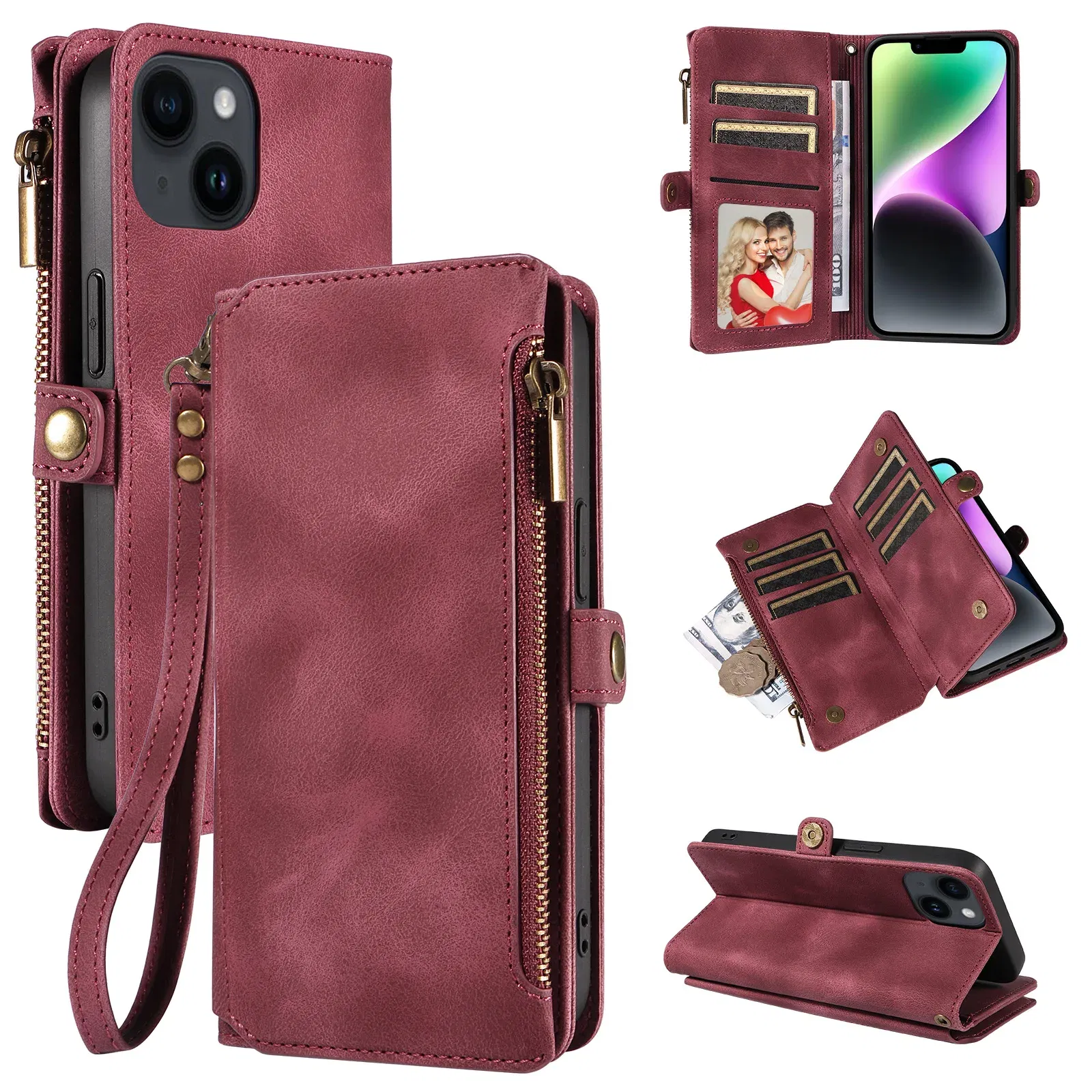 Color: black, Material: PP - Zipper Multi 9 Cards Wallet Case for OPPO Reno 12 10 8 7 6 5 Pro 11F 11A 8T 6Z 5Z Retro Leather Lanyard Wrist Strap Phone Cover