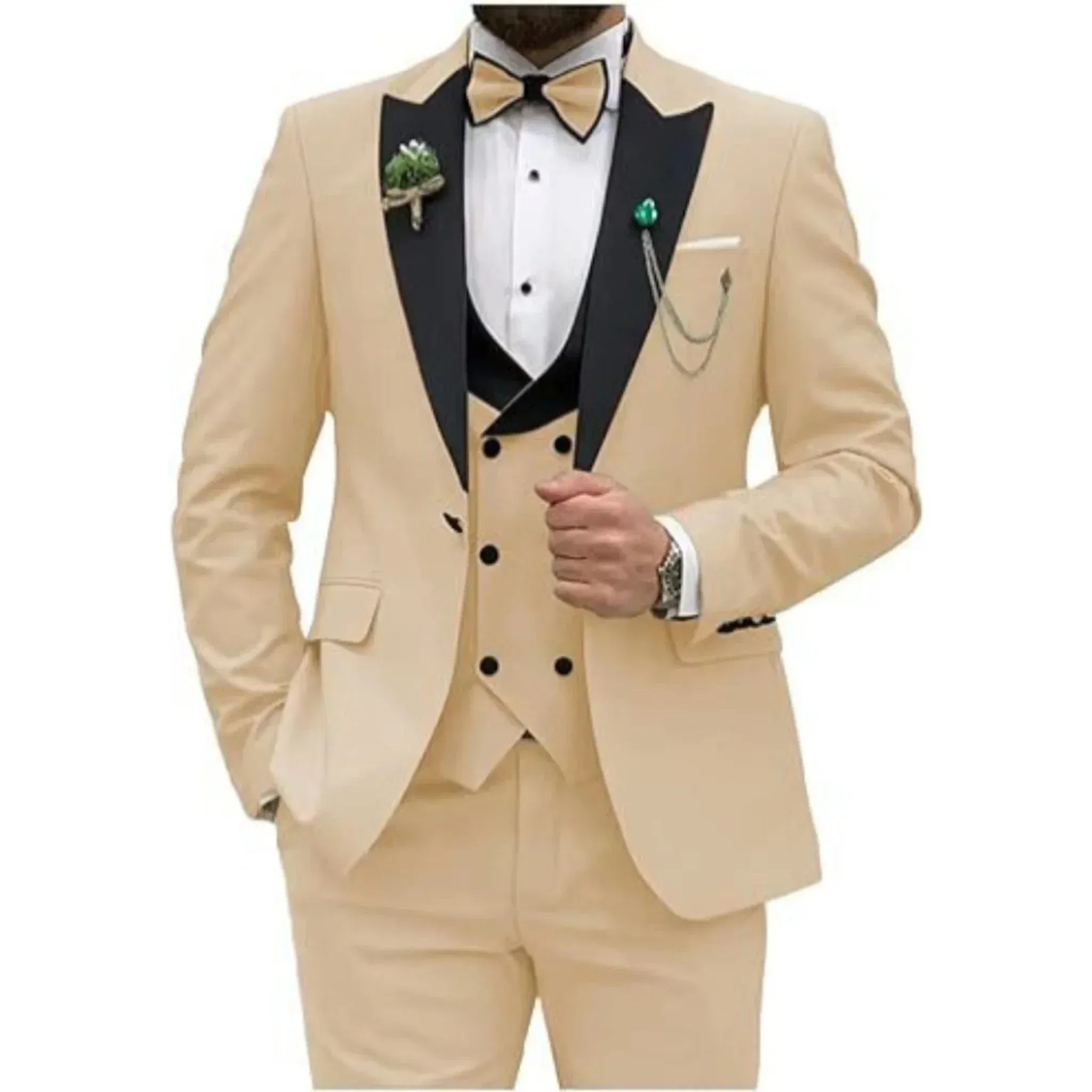 Color: Champagne, Size: XS - Men Suit Colorful Luxury Blazer Vest And Pant Sets 3 Piece Birthday Dress Business  Prom Evening Party Costumes High Quality
