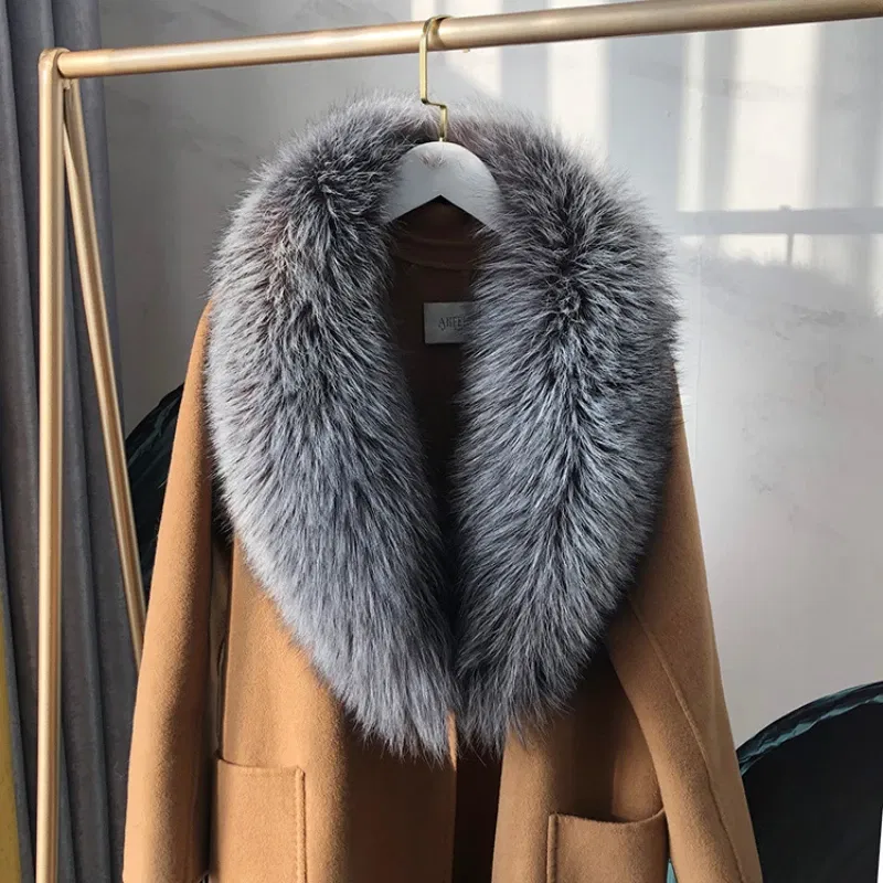 Color: LIGHT BLUE, Size: XL - 100% Natural Real Fox Fur Collar For Women Men Coat Jacket Fur Scarf Winter Extra Large Size Neck Warmer Fur Scarf Shawls Wraps