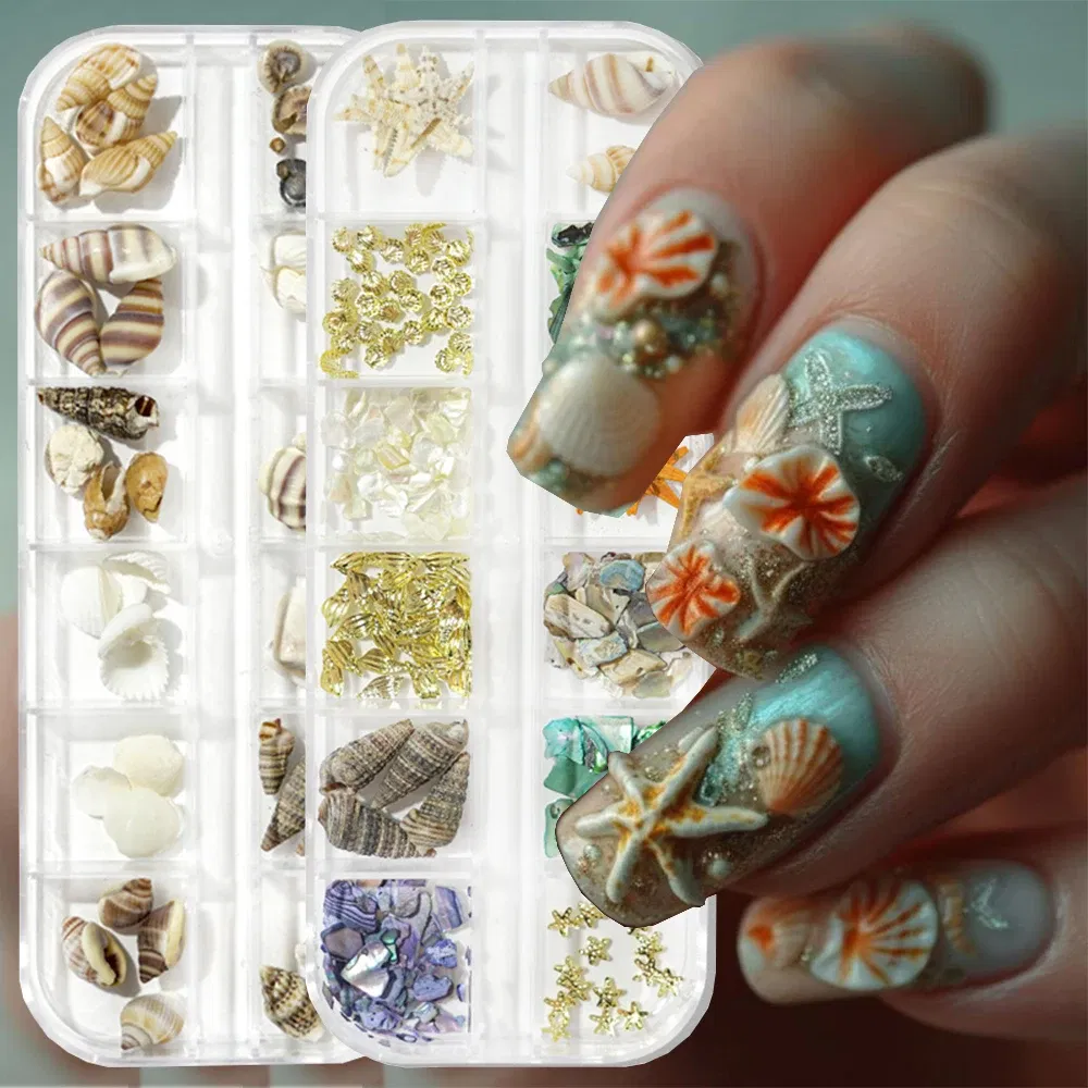Color: WHITE - 2Box Summer Nail Art Rhinestones Ocean Charms Shell Starfish Conch Nail Studs Jewelry Sea Series Designs DIY Manicure Decoration