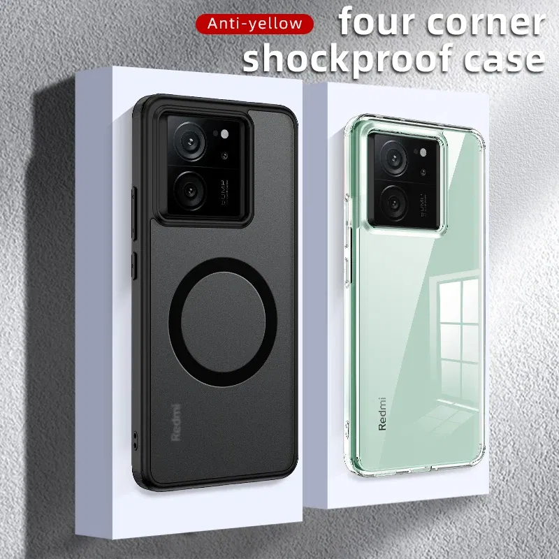 Color: black, Material: Cotton Fabric - Matte & Clear Magnetic Wireless Charging Armor Magsafe Case For Xiaomi 14 13T Mi 13T 14 Mi13T Pro Military Shockproof Back Cover