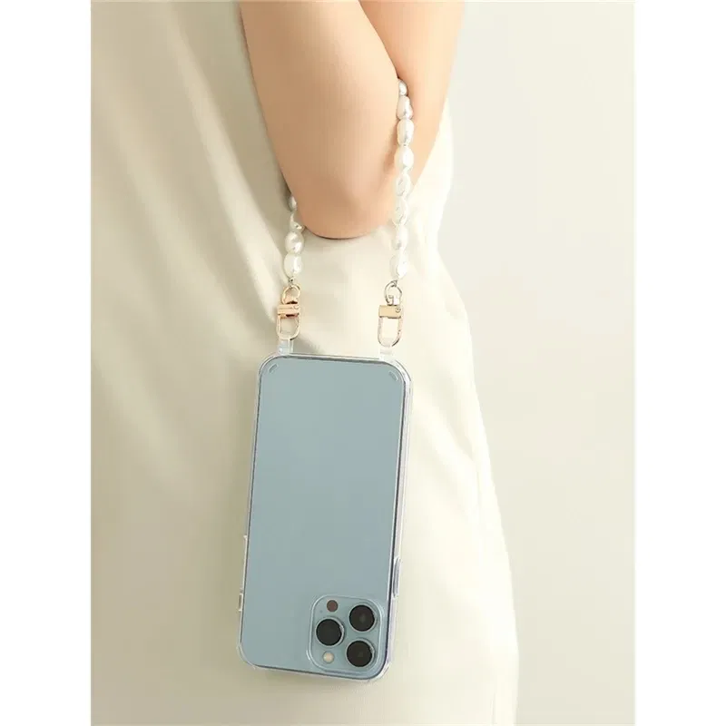Color: cream, Bundle: Case & Strap, Material: PE - Pearl Bracelet Wrist Chain Phone Case For iPhone 13 12 11 14 15 Pro Max XR X XS Mini 7 8 Plus SE Transparent Hard Acrylic Cover