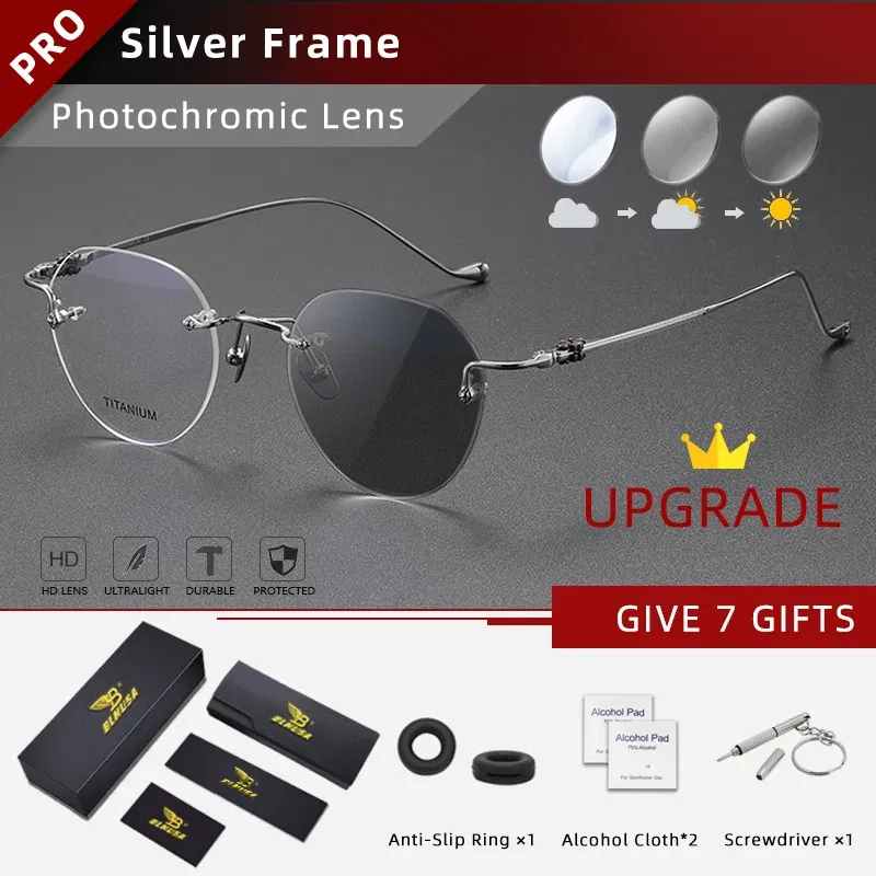Frame Color: WHITE, Eye Prescription: +400 - BLMUSA Pure Titanium Rimless Anti-blue Light Reading Glasses for Men Round Photochromic Optical Prescription with MR-8 lens