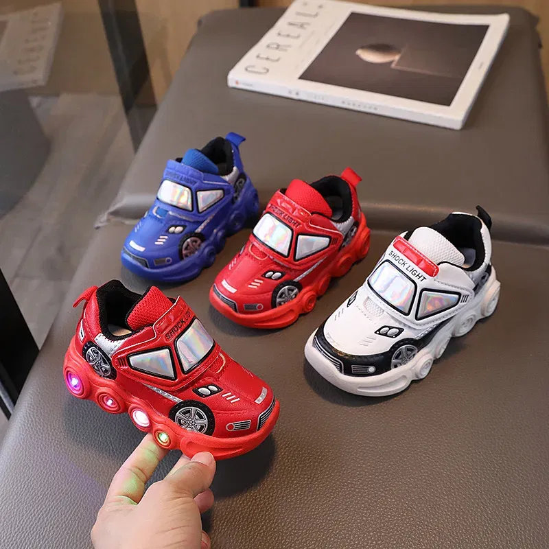 Color: Blue, Shoe Size: 21 - Diseny Kids'Casual Shoes Led Light Car Club Cartoon PU Leather Spring Shoes For Children Anti-slip Red Blue Shoes Size 21-30