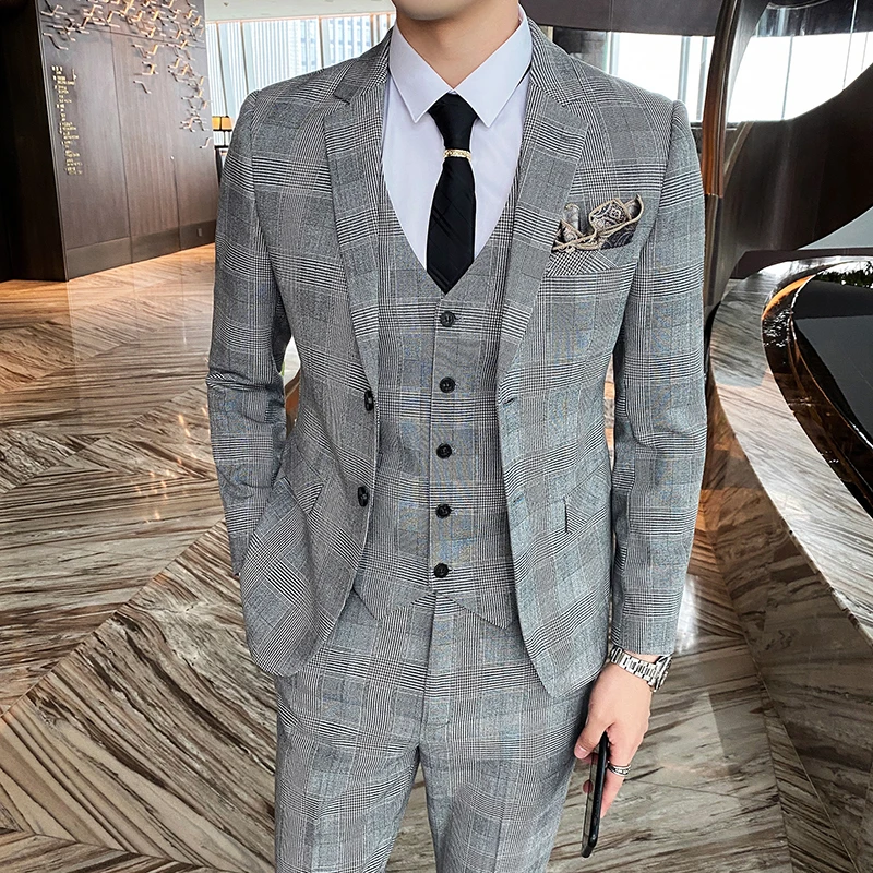 Gray Men Classic Striped/Checked Suits, Business Office 3 Piece, Asian Size Slim Fit Men Dress Jacket & Pants with Vest, S-4XL